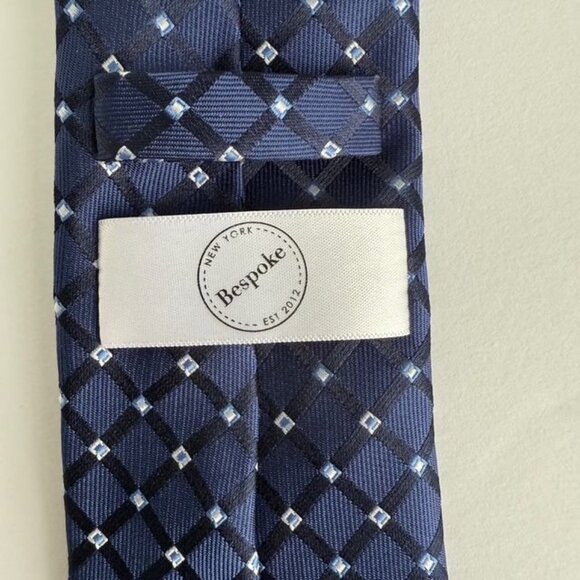 Navy Checkered Bespoke New York Mens Polyester Tie - Picture 2 of 10